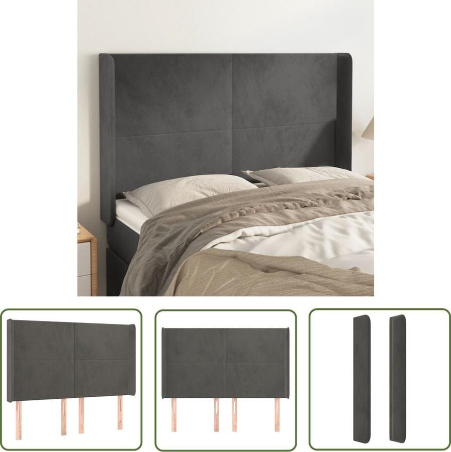 The Living Store Hoofdbord Hoofdborden 147x16x118 128 cm Fluwelen stof houten poten Hoofd Bord Hoofdkussen Beddecoratie Velvet Grijs - Foto 2