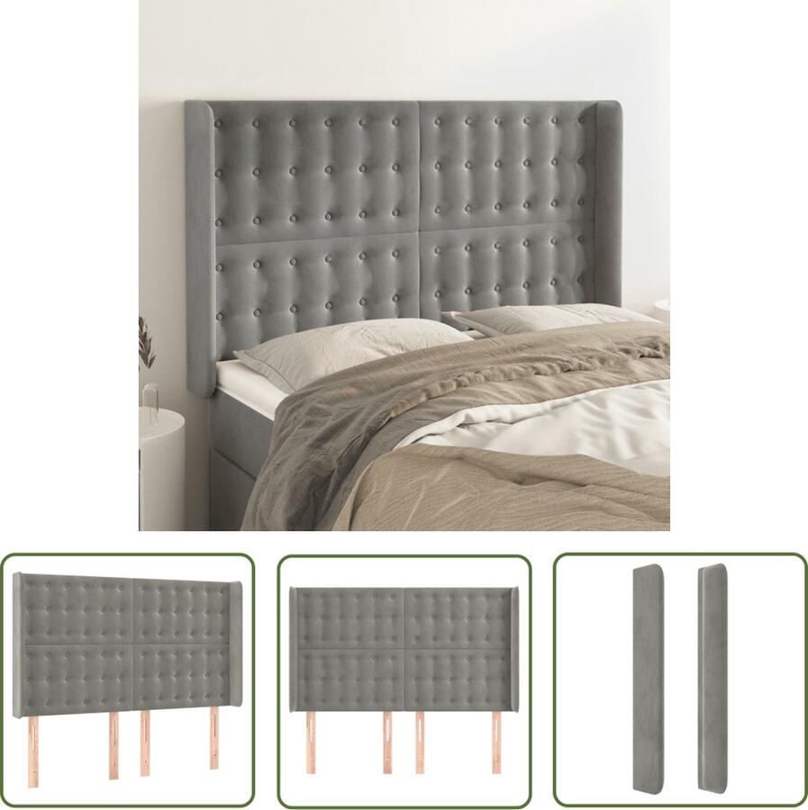 The Living Store Hoofdeind Slaapkamer 147x16x118 128 cm Zacht fluweel Stevige poten Hoofd Bord Hoofdkussen Bedroom Decoratie Velvet Headboard Grijs Hoofdbord
