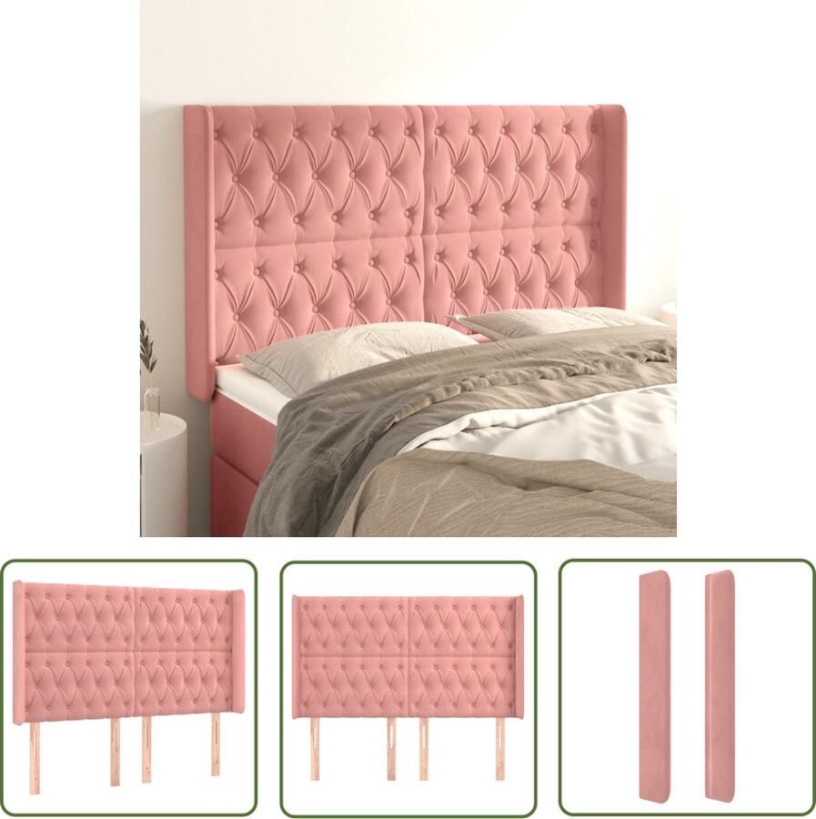 The Living Store Hoofdbord met randen 147x16x118 128 cm fluweel roze Hoofd Bord Hoofdkussen Velvet Roze Beddecoratie