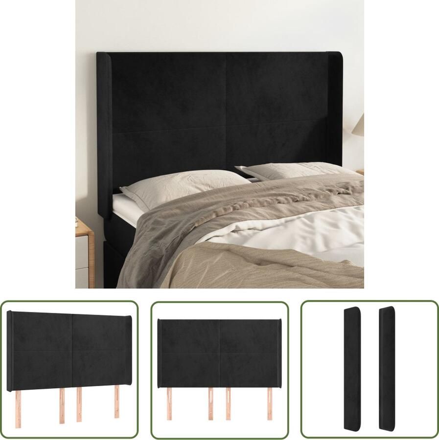 The Living Store Hoofdeind Zwarte Stoffen Bedhoofdbord 147x16x118 128 cm Fluweel Houten Poten Hoofd Bord Hoofdkussen Velvet Zwarte Kleur Stapelbed