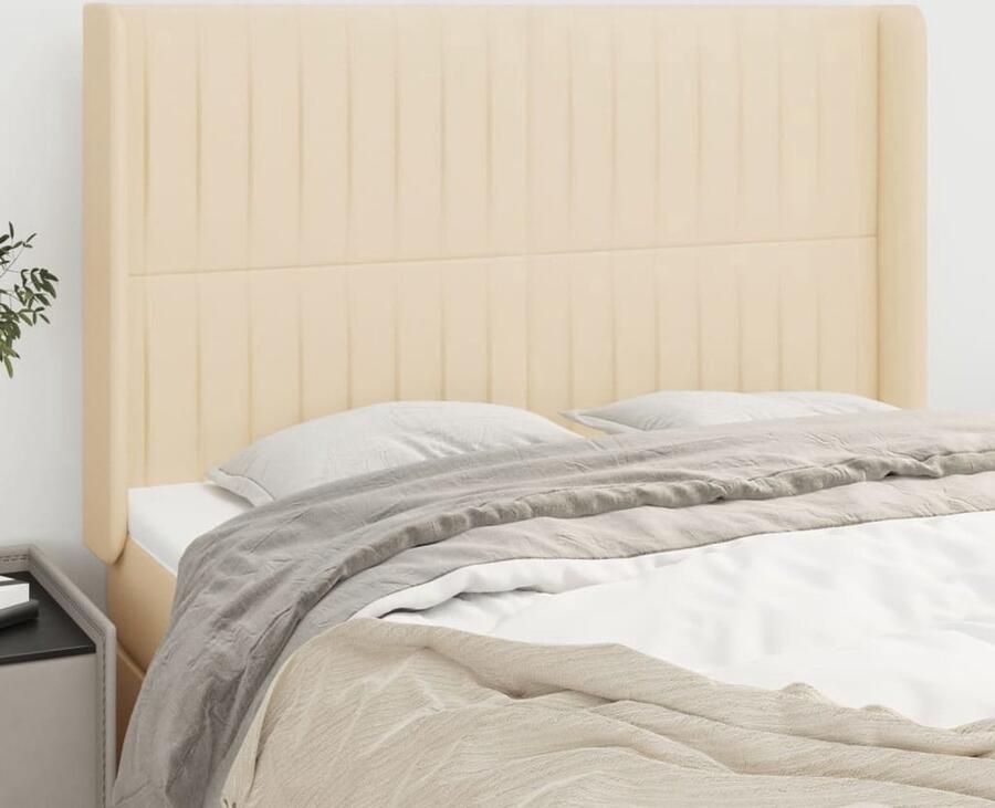 The Living Store Hoofdbord met randen 147x16x118 128 cm stof crèmekleurig Hoofd Bord Hoofdkussen Beddecoratie Stoffen Hoofdbord Creme Kleur