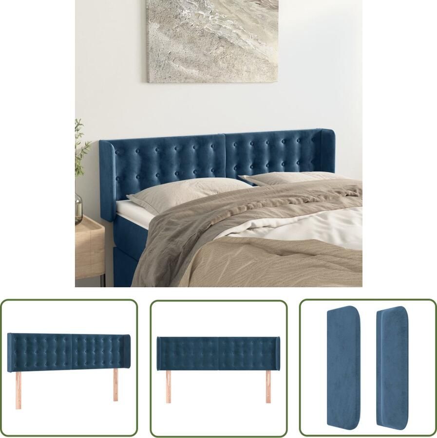 The Living Store Hoofdbord Bedmeubilair 147 x 16 x 78 88 cm Fluweel Donkerblauw Hoofd Bord Hoofdkussen Beddecoratie Velvet Meubilair Blauw Meubilair