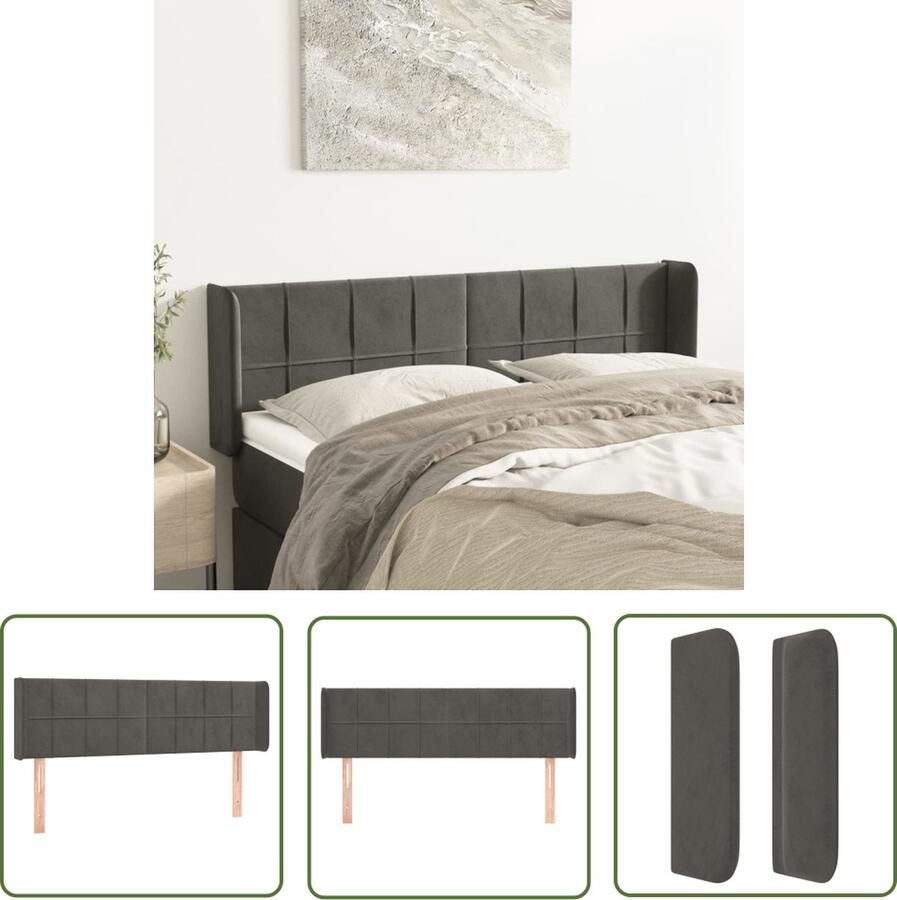 The Living Store Hoofdbord met randen 147x16x78 88 cm fluweel donkergrijs Hoofd Bord Hoofdkussen Beddengoed Slaapcomfort Fluweel
