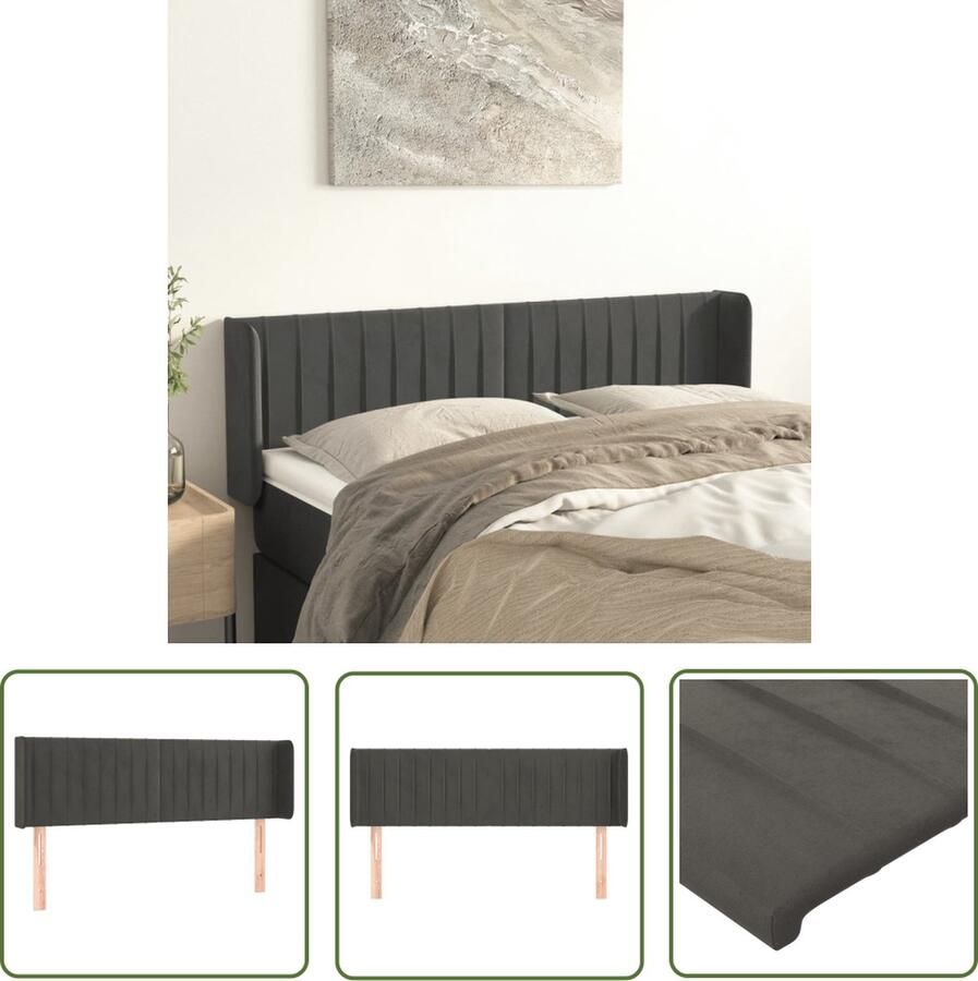 The Living Store Hoofdbord met randen 147x16x78 88 cm fluweel donkergrijs Hoofd Bord Hoofdkussen Velvet Grijs Tweepersoonsbed