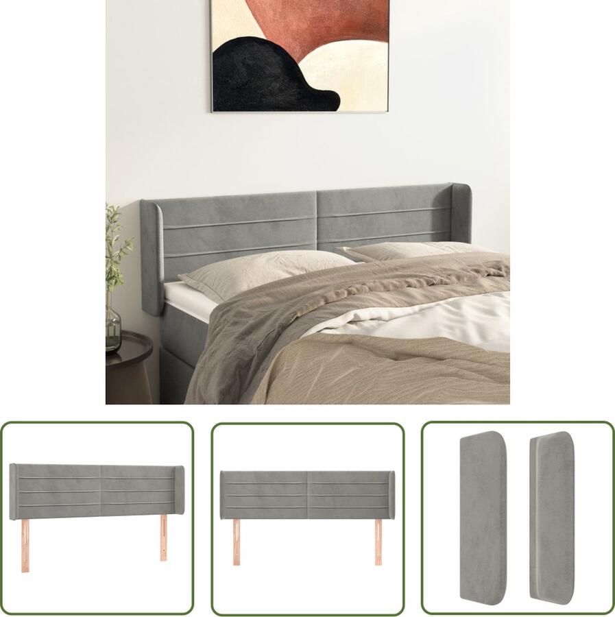 The Living Store Hoofdbord met randen 147x16x78 88 cm fluweel lichtgrijs Hoofd Bord Hoofdkussen Beddengoed Slaapcomfort Bedroom Decoratie