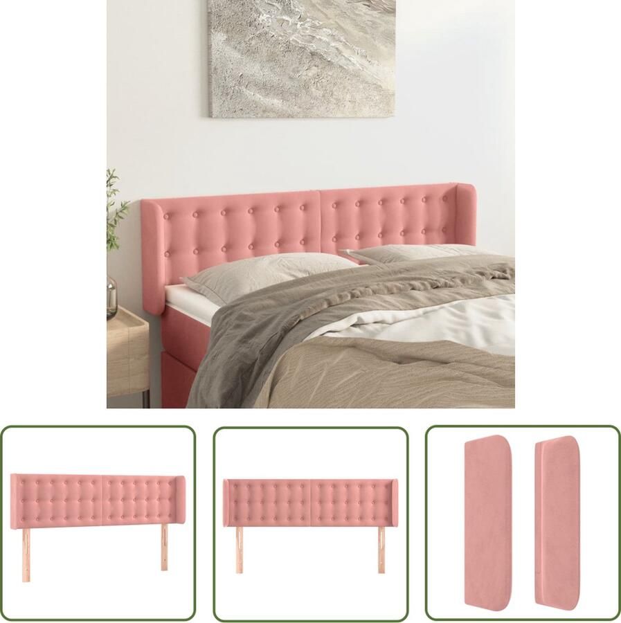 The Living Store Hoofdbord met randen 147x16x78 88 cm fluweel roze Hoofd Bord Hoofdkussen Rozerood Velvet Beddecoratie