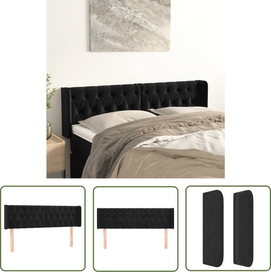 The Living Store Hoofdbord Luxe Zwart 147 x 16 x 78 88 cm Fluweel Stevige Poten Hoofd Bord Hoofdkussen Beddecoratie Luxe Bed Velvet