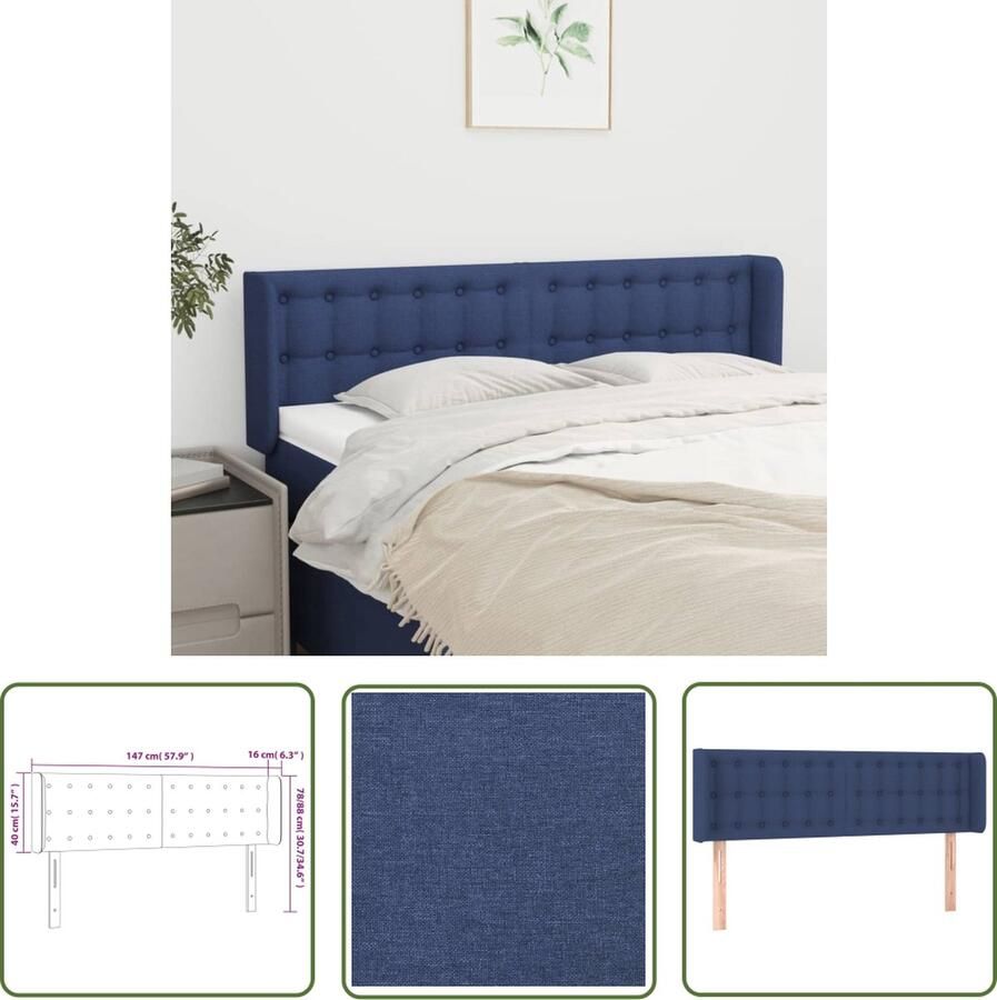 The Living Store Hoofdbord met randen 147x16x78 88 cm stof blauw Hoofd Bord Hoofdkussen Beddecoratie Slaapkamers Blauwe Kamer
