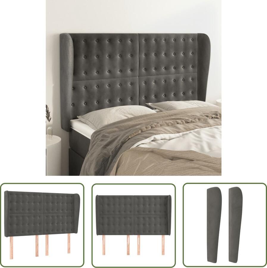 The Living Store Hoofdbord Trendy Donkergrijs 147 x 23 x 118 128 cm Fluweel Houten Poten Verstelbare Hoogte Hoofd Bord Hoofdkussen Beddecoratie Velvet Grijs