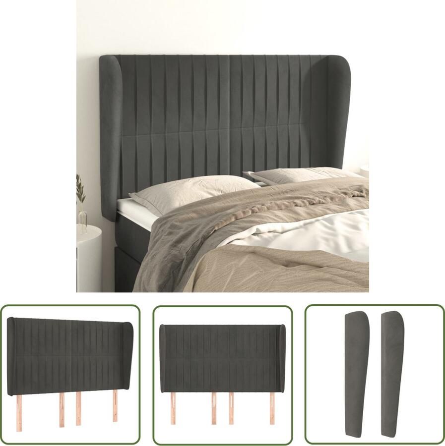 The Living Store Hoofdbord met randen 147x23x118 128 cm fluweel donkergrijs Hoofd Bord Hoofdkussen Velvet Grijs Tweepersoonsbed