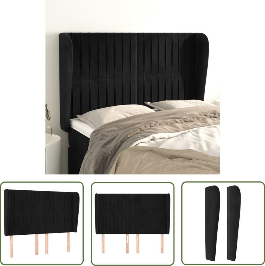 The Living Store Hoofdbord met randen 147x23x118 128 cm fluweel zwart Hoofd Bord Hoofdkussen Velvet Zwarte Kamer Slaapkamers