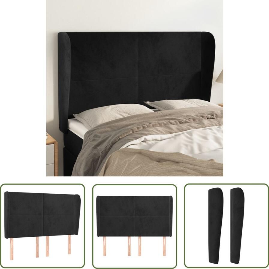 The Living Store Hoofdbord met randen 147x23x118 128 cm fluweel zwart Hoofd Bord Hoofdkussen Velvet Zwarte Kleur Tweepersoonsbed