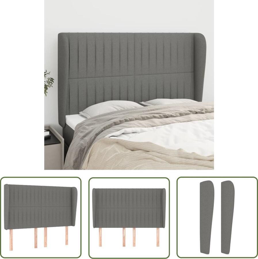 The Living Store Hoofdbord met randen 147x23x118 128 cm stof donkergrijs Hoofd Bord Hoofdkussen Beddecoratie Slaapkamers Grijs