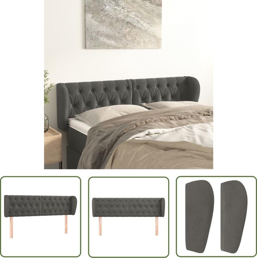 The Living Store Hoofdbord Zacht fluweel Stevige houten poten Verstelbare hoogte Comfortabele ondersteuning Donkergrijs 147 x 23 x 78 88 cm Hoofd Bord Hoofdkussen Beddecoratie Velvet Grijs