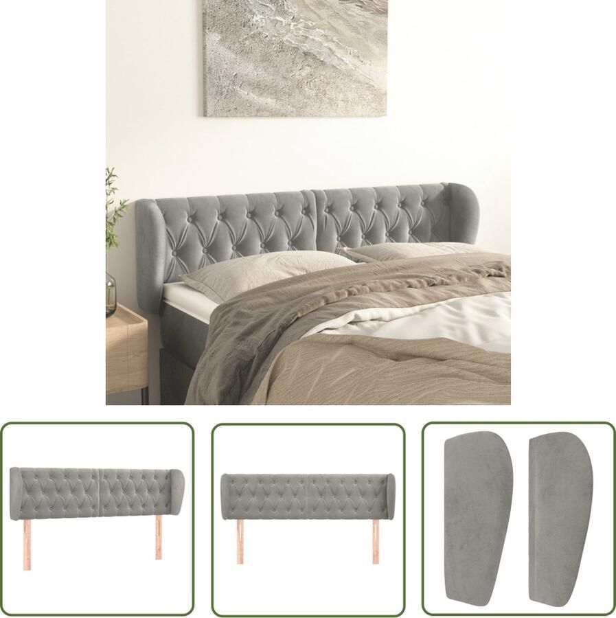 The Living Store Hoofdbord met randen 147x23x78 88 cm fluweel lichtgrijs Hoofd Bord Hoofdkussen Beddecoratie Fluweel Headboard Grijs Hoofdbord