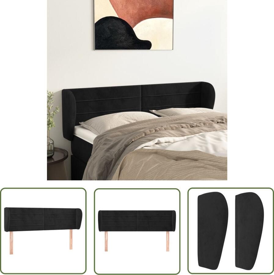 The Living Store Hoofdbord met randen 147x23x78 88 cm fluweel zwart Hoofd Bord Hoofdkussen Beddecoratie Velvet Zwarte Kamer