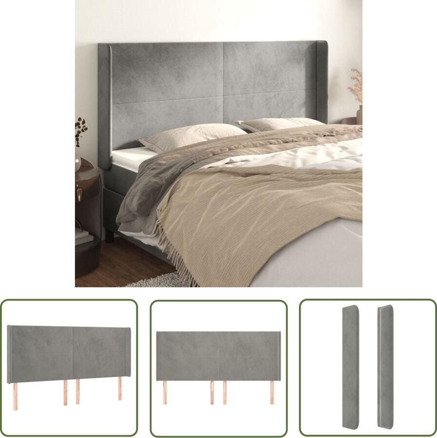 The Living Store Hoofdbord Hoofdeind en rand Lichtgrijs 163 x 16 x 118 128 cm Hoofd Bord Hoofdkussen Beddecoratie Velvet Grijs - Foto 2