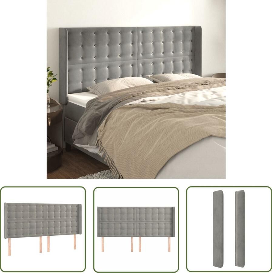 The Living Store Hoofdbord met randen 163x16x118 128 cm fluweel lichtgrijs Hoofd Bord Hoofdkussen Beddecoratie Fluweel Grijs