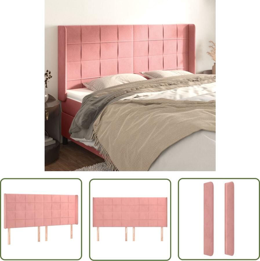 The Living Store Hoofdbord Hoofdeind rand 163 x 16 x 118 128 cm Roze Fluweel en Larikshout Hoofd Bord Hoofdkussen Beddecoratie Roze Meubilair Velvet Meubel