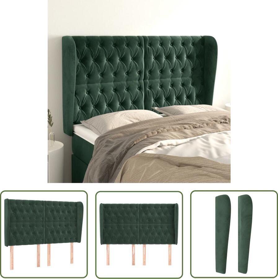 The Living Store Hoofdbord met randen 163x23x118 128 cm fluweel donkergroen Hoofd Bord Hoofdkussen Velvet Donkere Kleuren Bedroom Decoratie