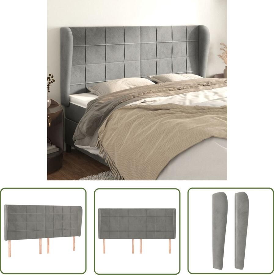 The Living Store Hoofdbord met randen 163x23x118 128 cm fluweel lichtgrijs Hoofd Bord Hoofdkussen Velvet Grijs Klassiek