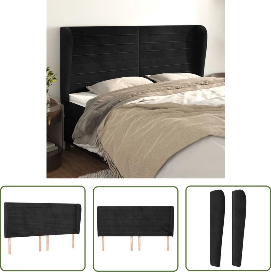 The Living Store Hoofdbord met randen 163x23x118 128 cm fluweel zwart Hoofd Bord Hoofdkussen Beddecoratie Velvet Zwarte Kamer