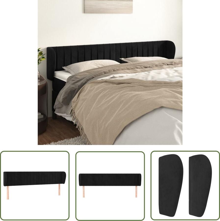 The Living Store Hoofdbord met randen 163x23x78 88 cm fluweel zwart Hoofd Bord Hoofdkussen Beddecoratie Velvet Zwarte Kamer