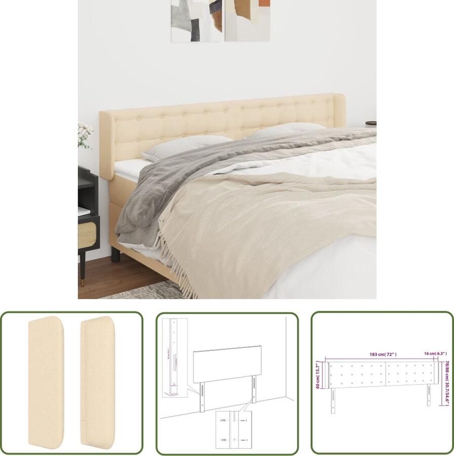 The Living Store Hoofdbord met randen 183x16x78 88 cm stof crèmekleurig Hoofd Bord Hoofdkussen Beddecoratie Bedroom Decor Stoffen Headboard