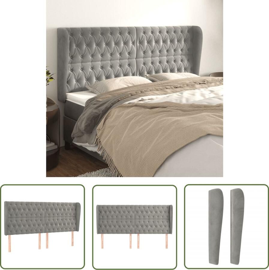 The Living Store Hoofdbord Bedombouw 183 x 23 x 118 128 cm Zachte fluwelen stof Stevige poten Verstelbare hoogte Comfortabele ondersteuning Lichtgrijs Hoofd Bord Hoofdkussen Beddecoratie Velvet Bedhead Grijs Bedbord