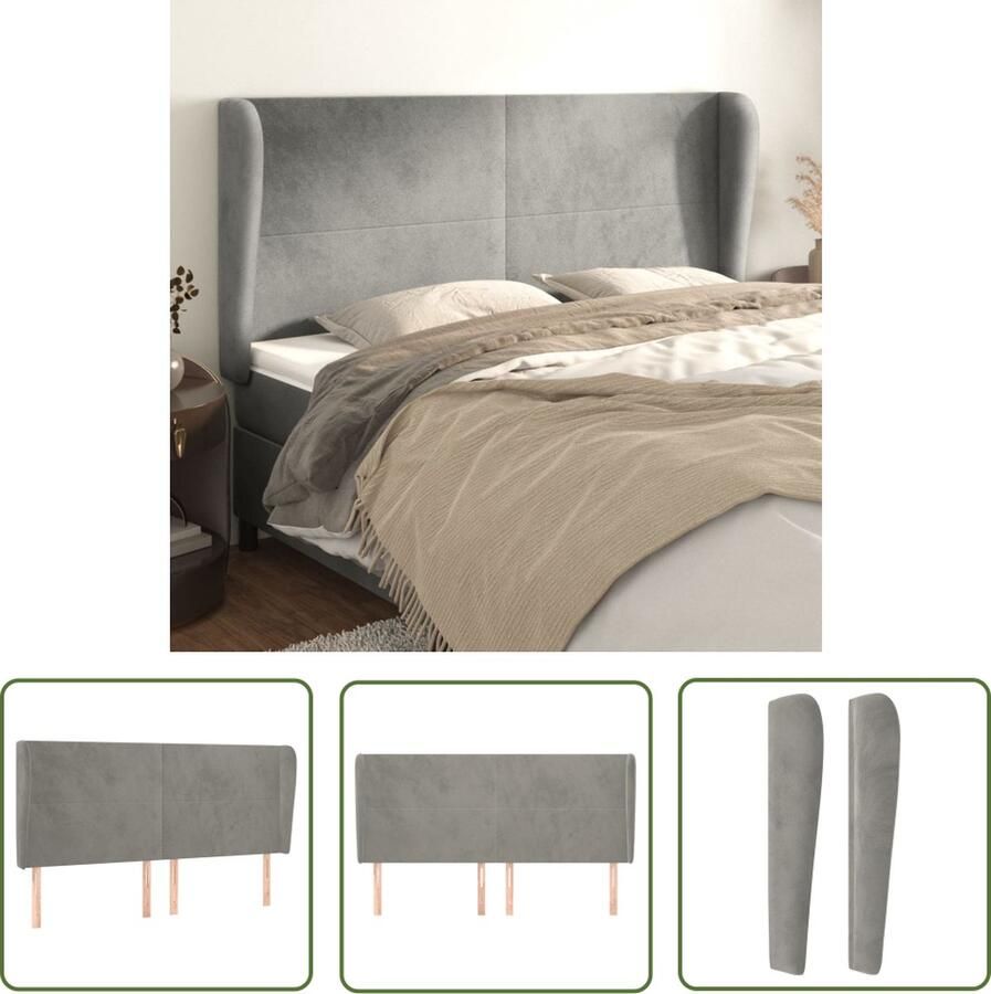 The Living Store Hoofdbord met randen 183x23x118 128 cm fluweel lichtgrijs Hoofd Bord Hoofdkussen Beddecoratie Velvet Grijs