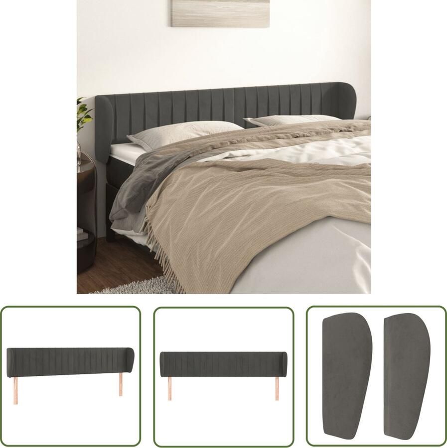 The Living Store Hoofdbord met randen 183x23x78 88 cm fluweel donkergrijs Hoofd Bord Hoofdkussen Klassiek Hoofdbord Donkere Kleuren Velvet Meubilair