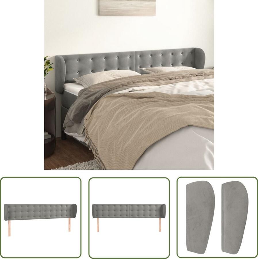 The Living Store Hoofdbord met randen 183x23x78 88 cm fluweel lichtgrijs Hoofd Bord Hoofdkussen Beddecoratie Velvet Grijs