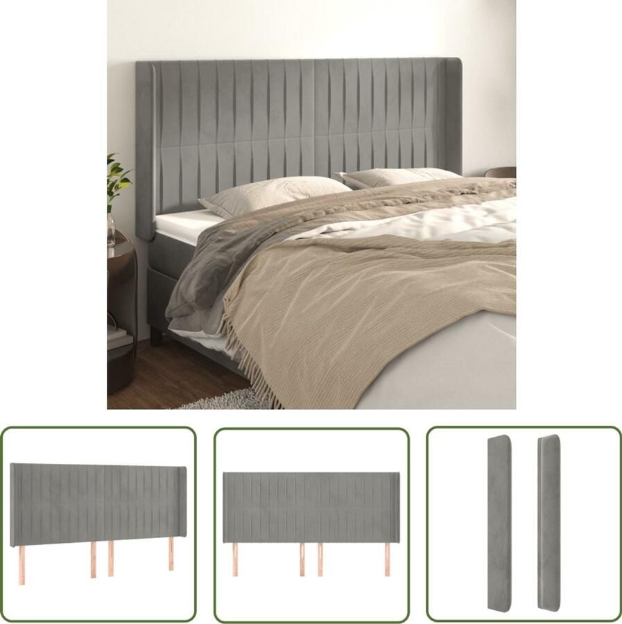 The Living Store Hoofdbord met randen 203x16x118 128 cm fluweel lichtgrijs Hoofd Bord Hoofdkussen Beddengoed Slaapcomfort Velvet Meubilair