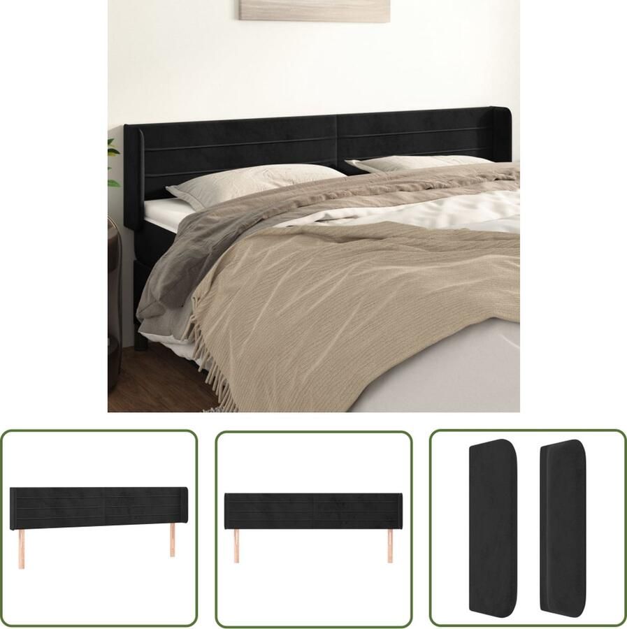 The Living Store Hoofdbord Hoofdeind 203 x 16 x 78 88 cm Zwarte stof Houten poten Hoofd Bord Hoofdkussen Velvet Zwart Beddecoratie