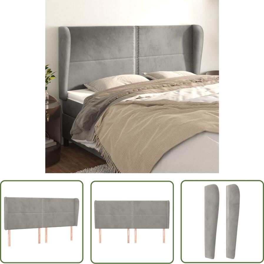The Living Store Hoofdbord met randen 203x23x118 128 cm fluweel lichtgrijs Hoofd Bord Hoofdkussen Beddecoratie Fluweel Grijs