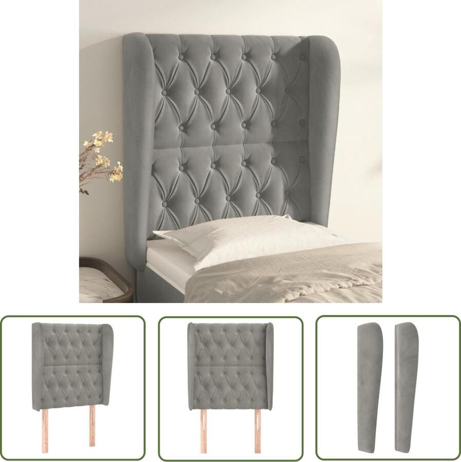 The Living Store Hoofdbord met randen 83x23x118 128 cm fluweel lichtgrijs Hoofd Bord Hoofdkussen Beddecoratie Slaapcomfort Velvet Meubilair
