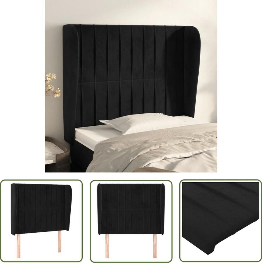 The Living Store Hoofdbord met randen 83x23x118 128 cm fluweel zwart Hoofd Bord Hoofdkussen Bedding Slaap Accessoires Zwarte Meubels