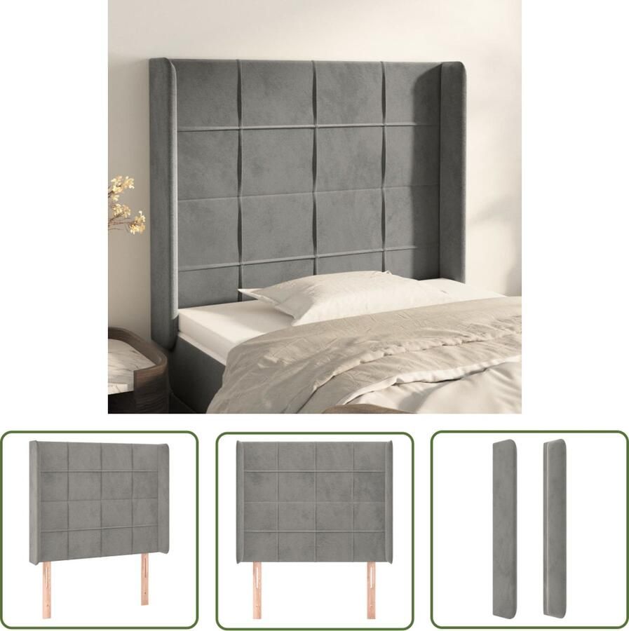 The Living Store Hoofdeind Fluweel Verstelbare hoogte Stevige houten poten Comfortabele ondersteuning Lichtgrijs 93x16x118 128 cm Hoofd Bord Hoofdkussen Velvet Grijs Bedbank