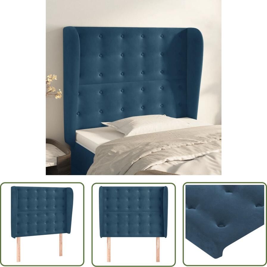 The Living Store Hoofdbord Hoofdeind met stoffen bekleding Donkerblauw 93 x 23 x 118 128 cm Hoofd Bord Hoofdkussen Velvet Blauw Tweepersoonsbed