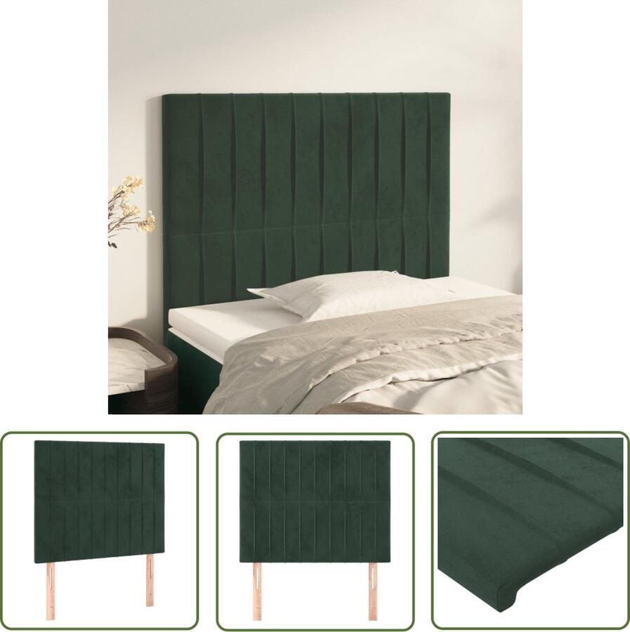 The Living Store Hoofdbord Slaapkamer 100x5cm Fluwelen stof Stevige poten Verstelbare hoogte Comfortabele ondersteuning Donkergroen 100% polyester Massief larikshout Set van 2