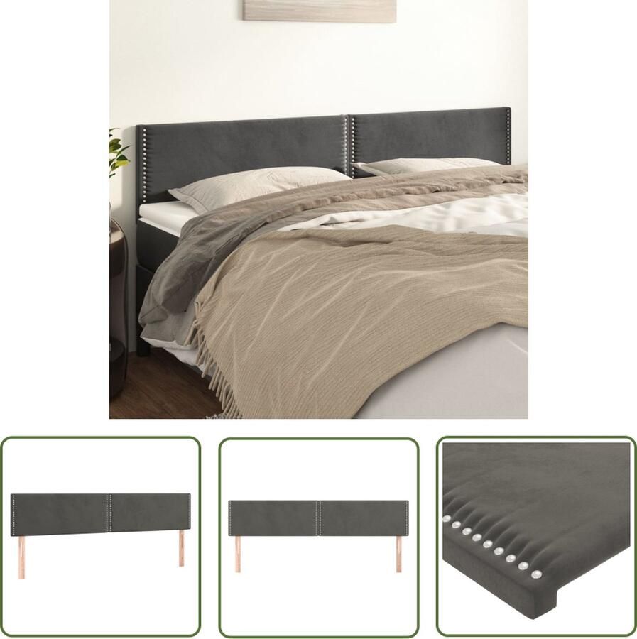 The Living Store Hoofdbord Klassiek Fluwelen stof Stevige houten poten Verstelbare hoogte Comfortabele ondersteuning Elegante klinknagelrand Donkergrijs 200 x 5 x 78 88 cm 2x hoofdeind