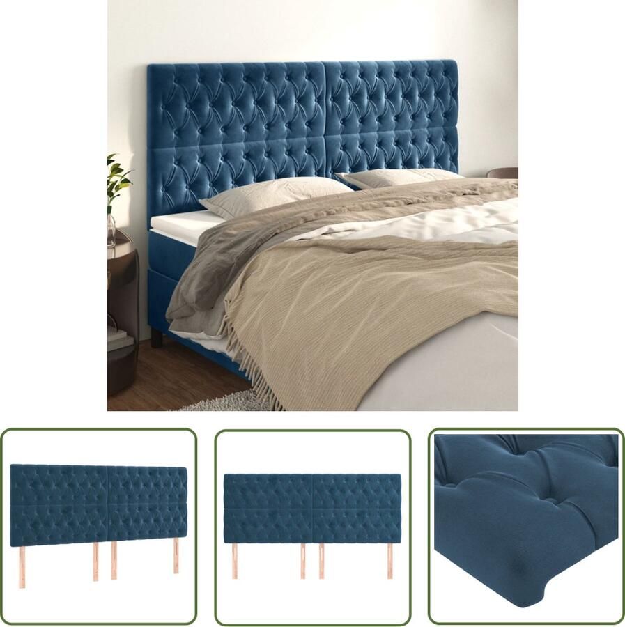 The Living Store Hoofdbord Hoofdeind Donkerblauw Verstelbare Hoogte Fluwelen Stof Houten Poten Comfortabele Ondersteuning