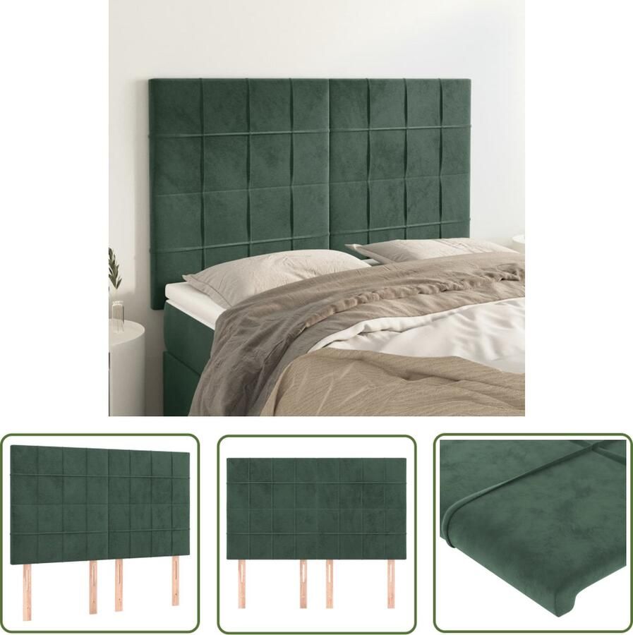 The Living Store Hoofdbord Bed Donkergroen 144 x 5 x 118 128 cm Zacht fluweel Stevige poten Verstelbare hoogte Comfortabele ondersteuning Inclusief 4x hoofdeind Hoofd Bord Hoofdkussen Velvet Donkere Kleuren Beddecoratie