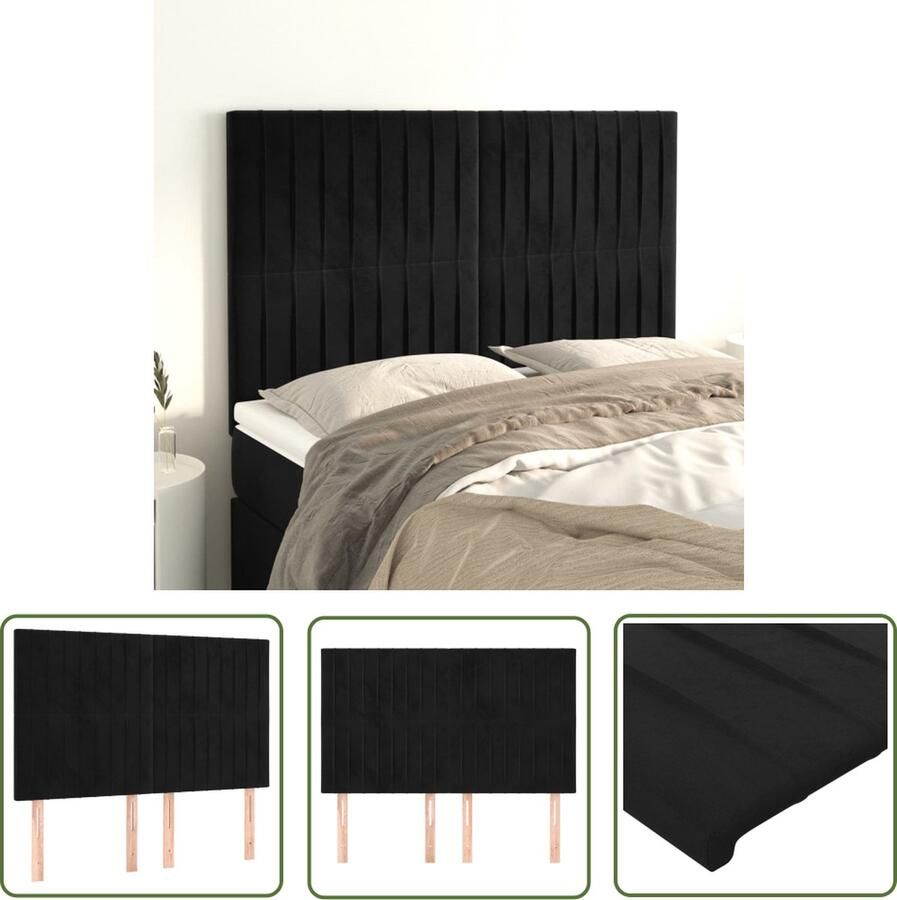 The Living Store Hoofdborden 4 st 72x5x78 88 cm fluweel zwart Hoofd Bord Hoofdkussen Beddecoratie Velvet Zwarte Kamer
