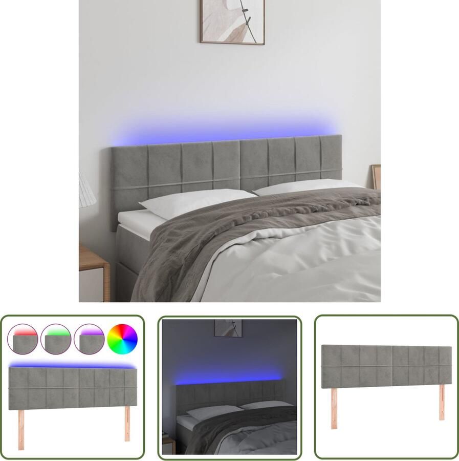 The Living Store Hoofdbord LED 144x5x78 88 cm fluweel lichtgrijs Hoofd Bord Led Hoofdkussen Beddecoratie Velvet Hoofdbord Verlichte Hoofdbord