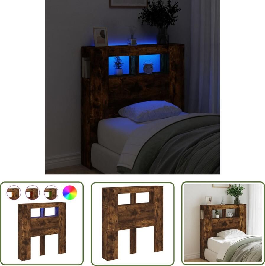 The Living Store Hoofdeinde met LED 100x18 5x103 5 cm bewerkt hout gerookt eiken LED Hoofdbord Hoofdkussen Houten Hoofdbord Gerookt Eiken Bedroom Furniture