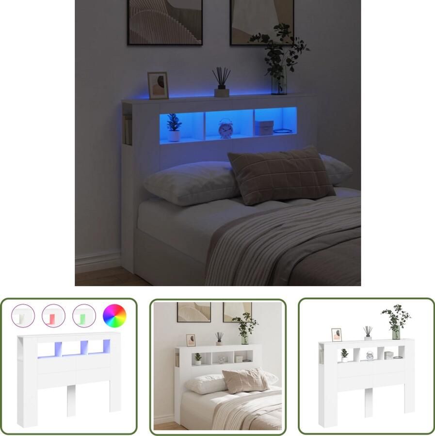 The Living Store Hoofdeinde met LED 140x18 5x103 5 cm bewerkt hout wit LED Hoofdbord Hoofdkussen Led Verlichting Bedroom Decoratie Houten Hoofdbord