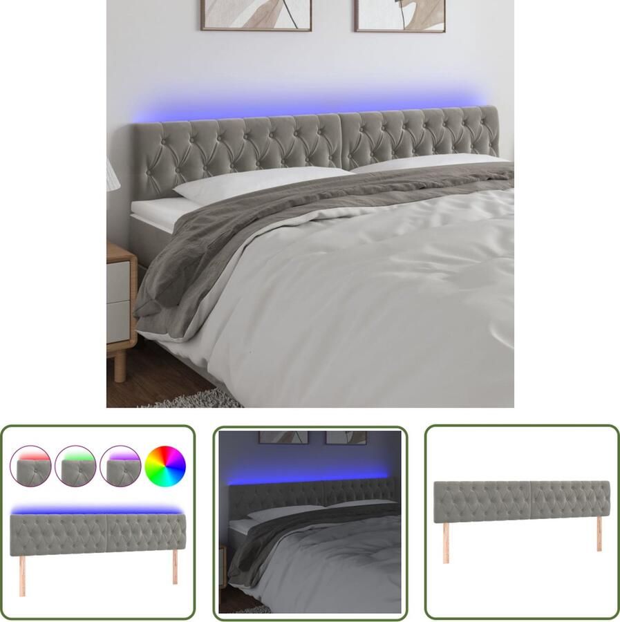 The Living Store Hoofdbord LED 200x7x78 88 cm fluweel lichtgrijs LED Hoofdbord Hoofdkussen Beddecoratie Led Verlichting Fluweel Headboard