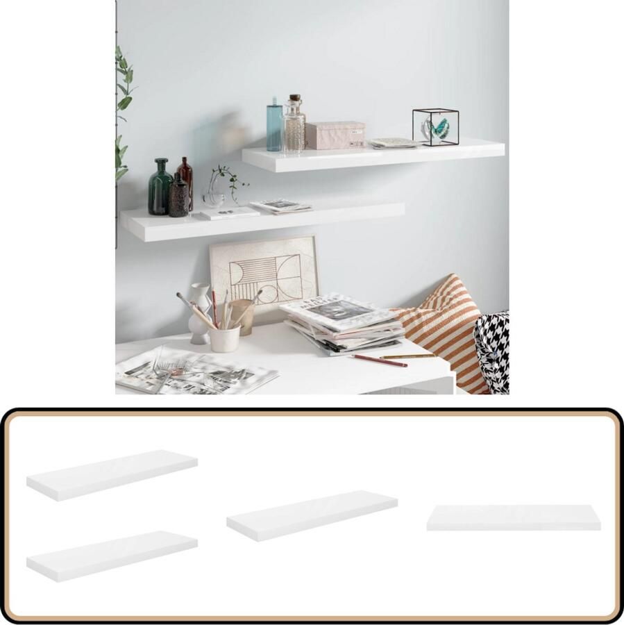 VidaXL Hoogglans Wandschappen Set van 2 Wit Wandplank Zwevende Plank Woonaccessoires Opslagoplossing Interieurstijl