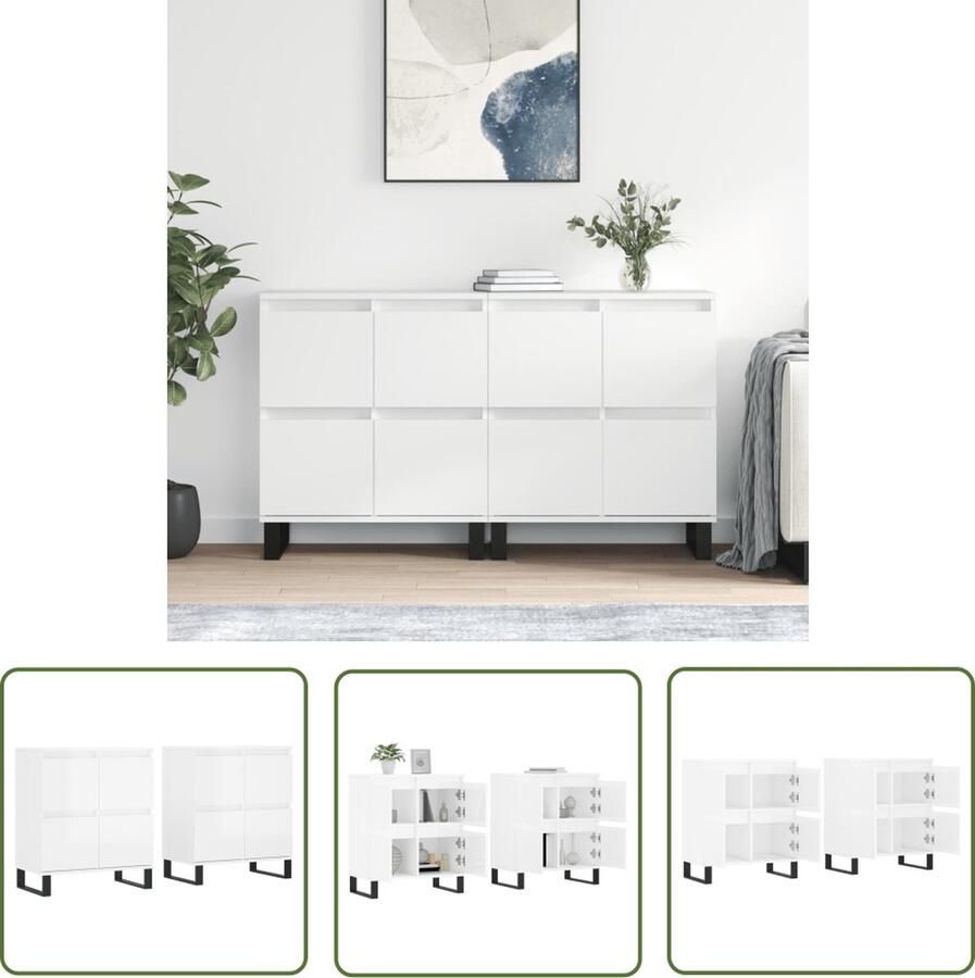 The Living Store Dressoirs 2 st bewerkt hout hoogglans wit Klassieke Dressoir Kopen Houten Dressoir White Dresser Vintage Dressoir - Foto 2